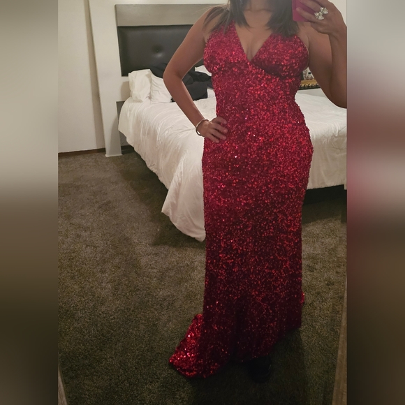 Scala silk Sequined wedding Prom Dress Size 4 red Sequins elegant - Picture 6 of 17